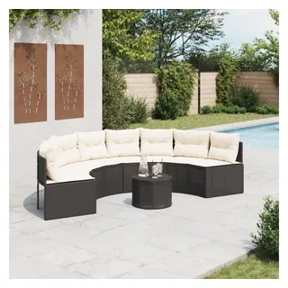 vidaXL Gartensofa mit Tisch und Kissen Halbrund Schwarz Poly-Rattan