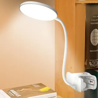 SPORWAY Leselampe Bett: LED Klemmlampe Touch Dimmen Schreibtischlampe, 3 Farbe Augenschutz Bettlampe 360° Schwanenhals LED Klemmleuchte USB Aufladung Nachttischlampe für Studieren Arbeiten (Weiß-02)