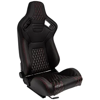 AUTO-STYLE Sportsitze 'AK' - Schwarz Kunstleder + Rote Naten - Doppelseitig Verstellbare Rückenlehne - inkl. Laufschienen