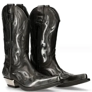 PU Leder Stiefel Vintage Western Cowboy Stiefel Stickerei Biker Stiefel Slip auf Freizeitschuhe Spitz Toe Stiefel,Schwarz,48 - 48 EU