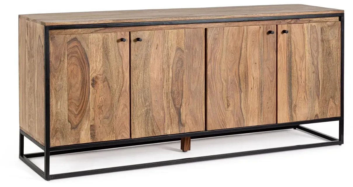 Sideboard Nartan aus Sheesham-Holz, modern massiv, Natur, 4 Türen, Metallgestell