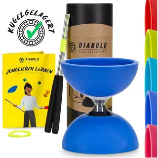 Diabolo Freizeitsport Jonglier-Set Pro (blau) mit kugelgelagerter Achse, Handstäben Ersatzschnur blau 120 MM