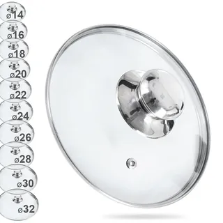 ORION GROUP Glasdeckel mit Edelstahlring für Topf und Pfanne | Ø (14 cm) 14, 16, 18, 20, 22, 24, 26, 28, 30, 32 cm | 200°C hitzebeständiges Glas | Pfannendeckel Topfdeckel Universaldeckel