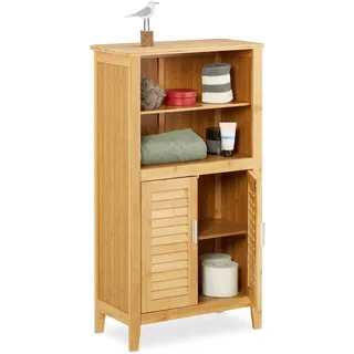 Relaxdays Badezimmerschrank LAMELL Bambus, HBT: ca. 92 x 50 x 25 cm, Badschrank mit Türen in Lamellen-Optik, natur