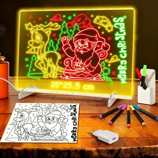 LED Notiztafel mit Farben, Leuchtendes LED Zeichenbrett für Kinder mit 13 Farben & 6 Modi mit Schalter 35x25 cm, inklusive Adapter, Aufhängekette&Ständer, Acryl Notiztafel kreatives Geschenk