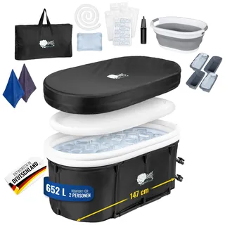 Mobile Badewanne Erwachsene – Faltbare Badewanne 147×74×60 cm – Set mit Zubehör für Warm- & Eisbad, Freistehend & Tragbar für Zuhause und Outdoor – Schwarz-Weiß – MelodieGesund