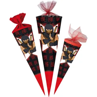Schultüte - Ninja Kämpfer - Samurai - 100 cm - 12 eckig - Tüllabschluß - Zuckertüte - mit/ohne Kunststoff Spitze - Nestler - Jungen Junge - Fighter Ninjas -..