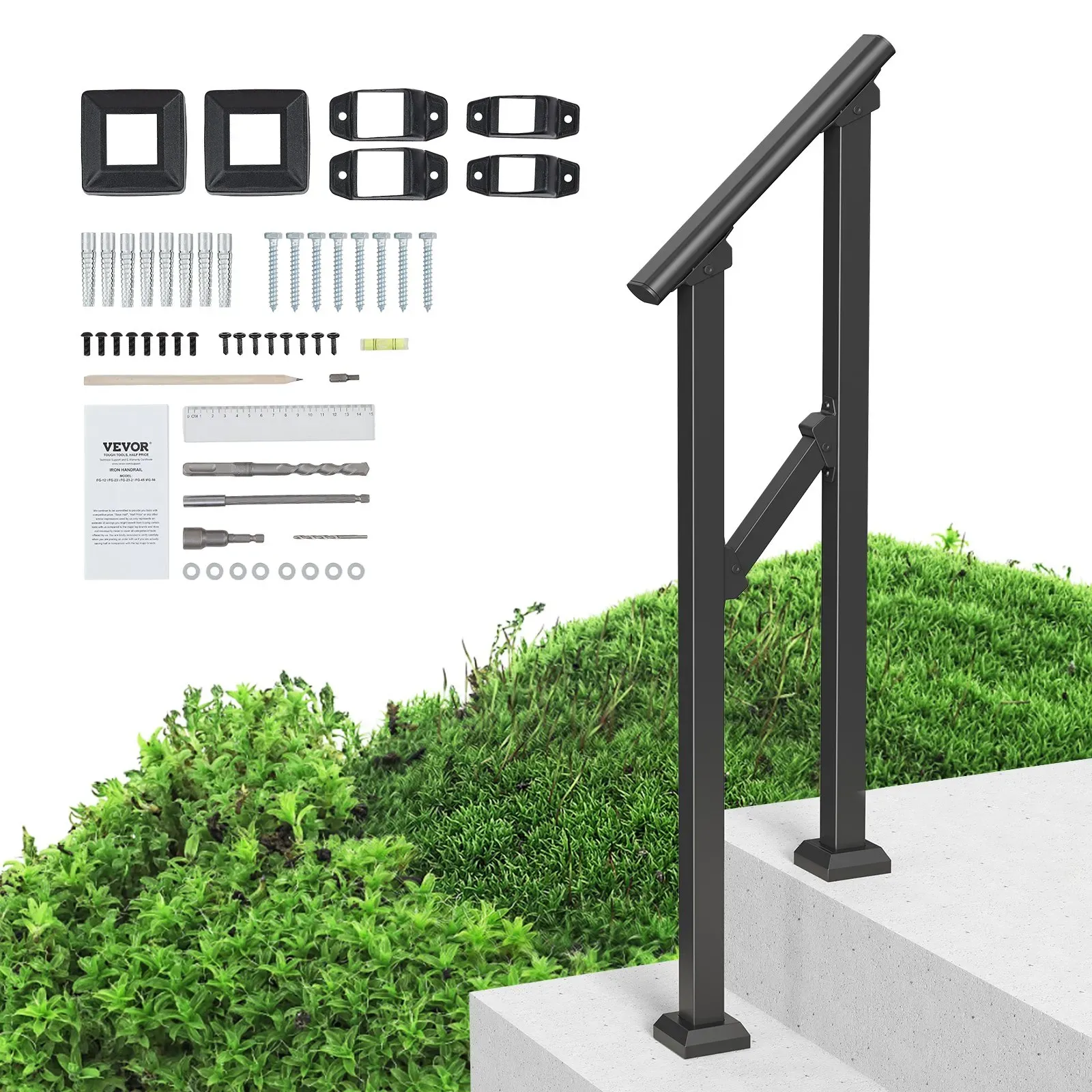 VEVOR Handläufe für Außentreppen, 1–2-stufiges Treppenhandlauf-Set, Übergangsgeländer aus Karbonstahl mit Montagesatz, Treppengeländer für Senioren, Betonstufen & Veranda & Deck, schwarzes Vierkantrohr