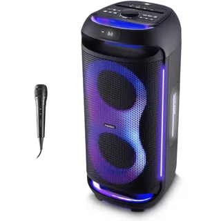 MEDION PE-2 Plus Partybox (Akku, mit Mikrofon, tragbarer Bluetooth Lautsprecher groß, Musikbox, Verschiedene Lichteffekte, Partylautsprecher mit Karaoke, Mikrofon und Gitarren Anschluss, AUX, USB)