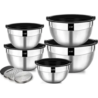 kenyamanhandelsgmbh Salatschüssel 5er Set, Edelstahl Schüssel mit luftdicht Deckel, Größe 4.5l, 2.7l, 1.6l, 1.1l, 0.7l, Rührschüssel Schüsselset für die Küche...