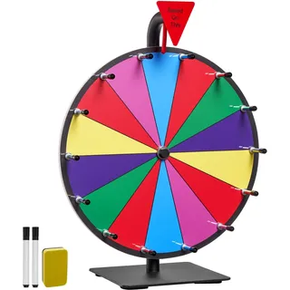 VEVOR Glücksrad Drehrad (305 mm) 14 Slots Glücksrad mit Ständer, Lotteriespiele Gewinn-Roulette mit Tafelschwamm & 2 Markern, 6 Farben, Spinning Prize Wheel ideal für Party Kneipe Messe