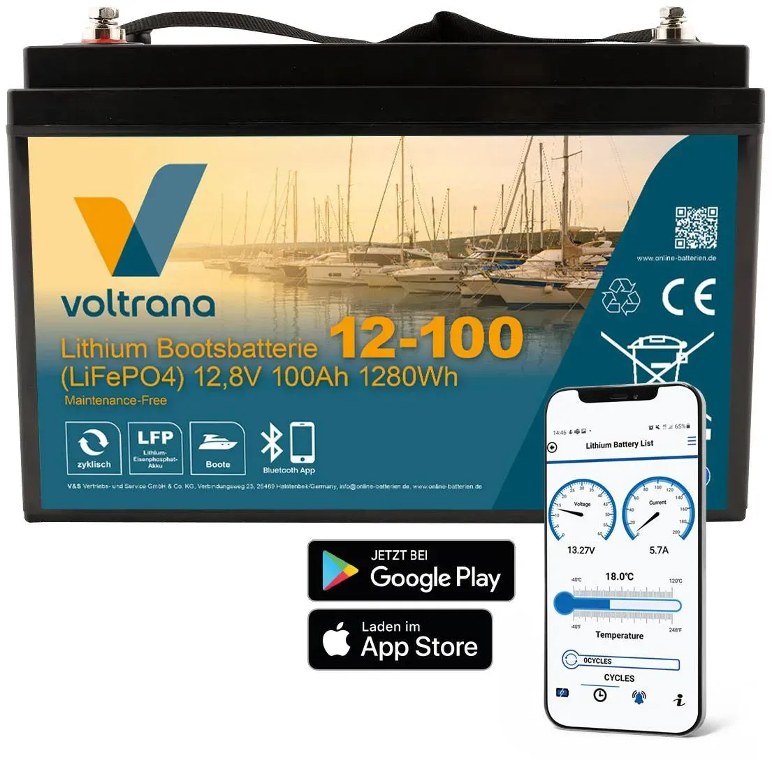 Lithium Bootsbatterie 12,8V 100Ah 1280Wh M8 mit Bluetooth & Heizung – Voltrana L...
