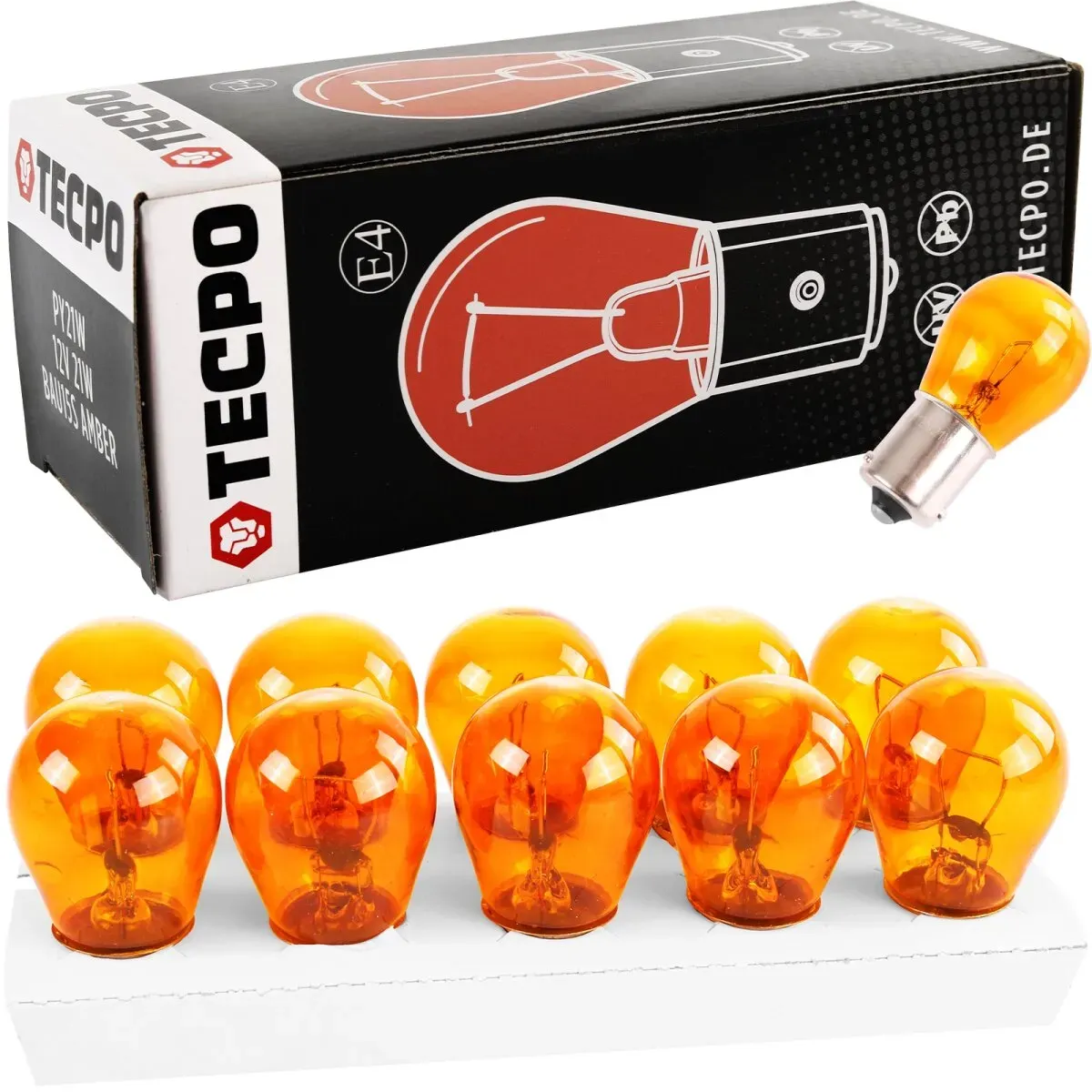 TECPO Glühbirnen Blinker 12V 21W, PY21W, BAU15S, 10 Stück (versetzt)