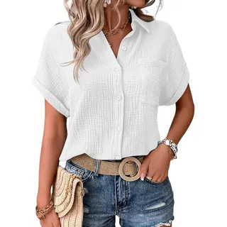 Musselin Bluse Damen,Leinenbluse Damen,Sommer Button-Down Leinenhemd Oberteile Oversized V Ausschnitt Leinenbluse Bluse Große Größen Leinen Kleidung Musselin Hemd Solide Top - L
