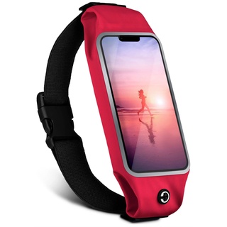 moex Laufgürtel Handy für Motorola Moto G8 Lauftasche Jogging Tasche Wasserfest, Slim Running Belt Flexibel mit Sichtfenster, Laufgurt zum Joggen Bauchtasche Sport, Rot