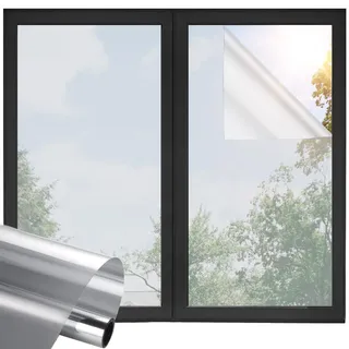 Fancyclings Fenster Spiegelfolie Blickdicht Außen UV Folie Fenster Hitzeschutz, Sonnenschutzfolie Fenster innen, Thermofolie Fenster gegen Hitze, Fensterfolie Sonnenschutz(Silber, 44.5x200cm)