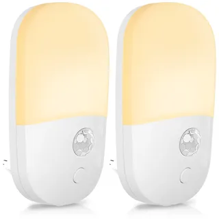 Denidou Nachtlicht Steckdose mit Bewegungsmelder, [2 Stück] LED Warmweiß Lamp Helligkeit Einstellbar, Bewegungssensor Steckdosenlicht Dimmbare für Flur, Treppe, Schlafzimmer, Kinderzimmer