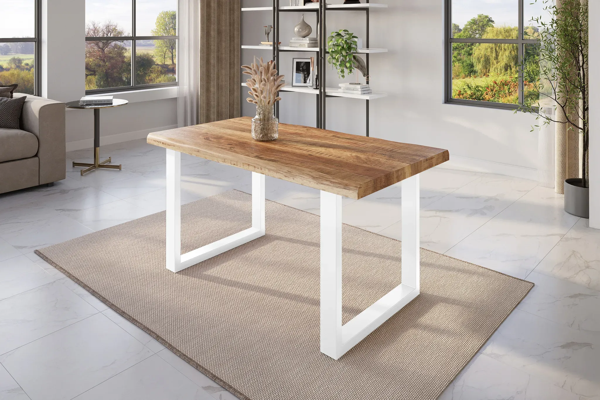 Esstisch Baumkante 160 x 85 cm Mangoholz Rough U-Gestell weiß ATLAS