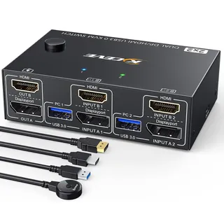 Dual Monitor KVM Switch Displayport HDMI, Camgeet KVM Switch 2 PC 2 Monitore, KVM Switches Displayport 4K@144Hz+HDMI 4K@60Hz für 2 PC teilen 2 Monitores und 4 USB 3.0 port,Inklusive Desktop Controller