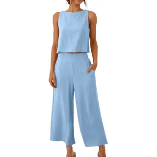 KDEIHT Musselin Hosenanzug Damen Sommer Zweiteiler Tank Top und Hose 2 Teiler Elegant Hosenanzüge Baumwolle Leinen Jogginganzug Elegant Outfit Business Casual Anzug - XL
