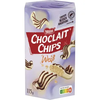 Nestlé CHOCLAIT CHIPS Weiß, Leckere Knusperchips mit Mandelgeschmack, umhüllt mit weißer Schokolade und verfeinert mit Milchschokolade-Dekorstreifen, 10er Pack (1 x 115g)