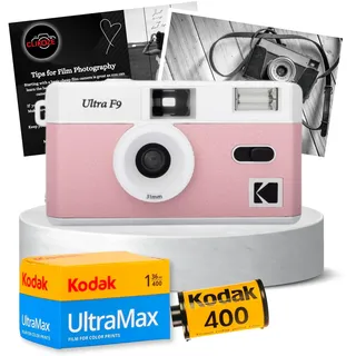 Wiederverwendbares Filmkamera-Bundle enthält eine Babyrosa Kodak Ultra-F9-Filmkamera, Kodak Ultramax 35-mm-Film, 36 Belichtungen und Clikoze Kamera Filmfotografie Tipps Karte