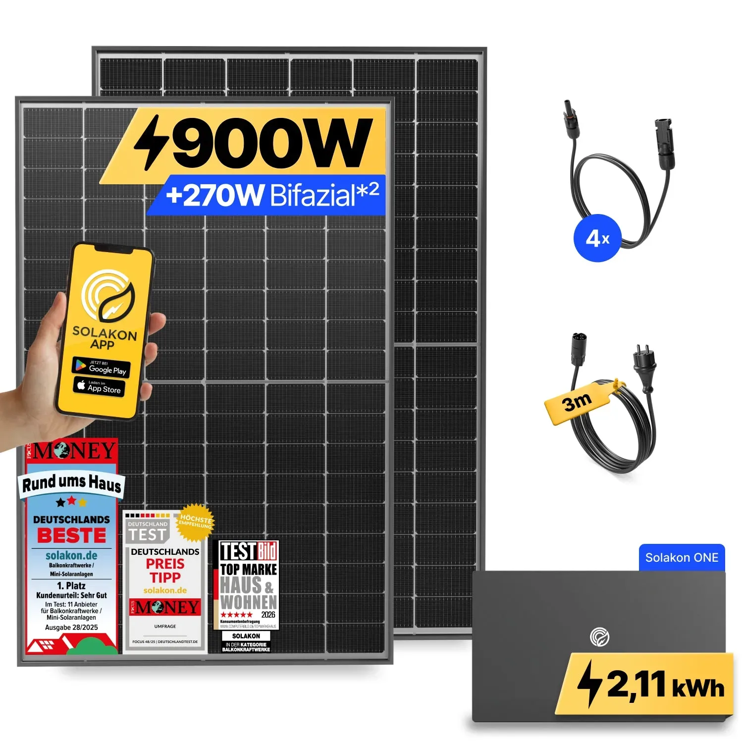 onLite: 900 Watt Balkonkraftwerk - ohne Halterung / 2.11 kWh / 3m