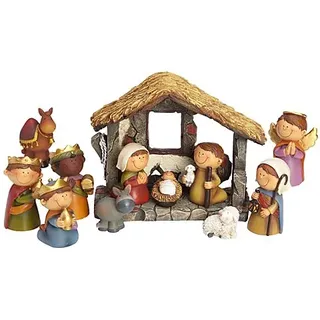 buttinette Riffelmacher Kinder-Krippenfiguren mit Stall 12-teilig, 2.5-9 cm