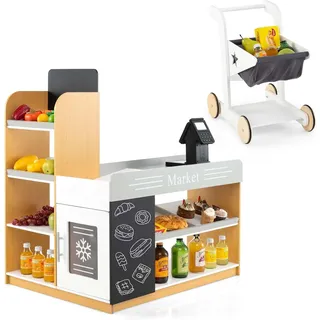 Fantask FANASK Wooden Kinderladen, Kindersupermarkt mit Einkaufswagen, Supermarkt mit Kasse & 2 Tafeln, Einkaufsladen für Kinder ab 3 Jahren