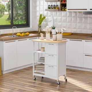 Homcom Küchenwagen Servierwagen mit 3 Schubladen, Küchenrollwagen mit 3 Ebenen, Arbeitsplatte, Weiß, 67 x 37 x 85 cm