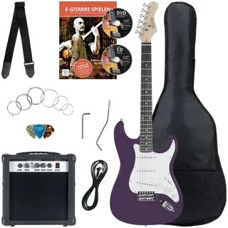 Rocktile Banger's Pack Komplettset E-Gitarre Violett (Verstärker, Tremolo, Tasche, Kabel, Gurt, Plecs, Ersatzsaiten und Schule mit CD/DVD)