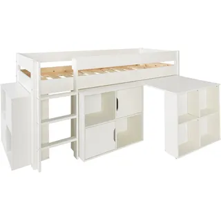 LÜTTENHÜTT Hochbett »"ROBIN " Massivholz, viel Stauraum, seitenverkehrt montierbar«, (4-tlg.), inklusive Schreibtisch und zwei Kommoden, weiß