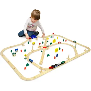 LittleTom 96 Teile XXL Holzeisenbahn Set - 6m Schienen - Holz Eisenbahn Kinder Spielzeug