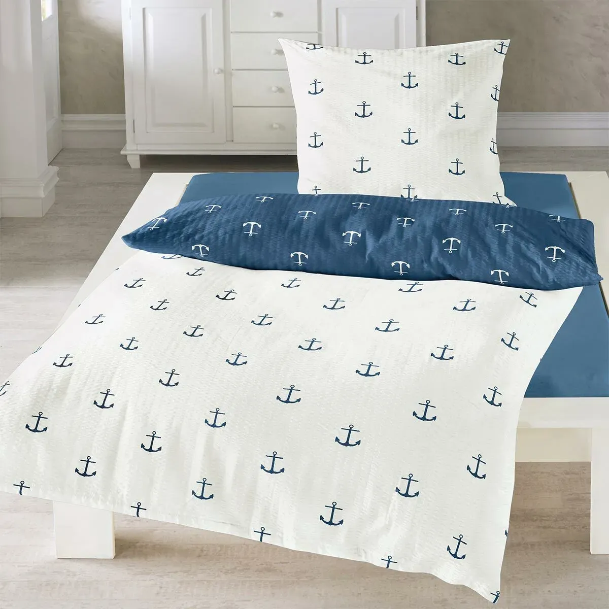Traumschlaf Seersucker Bettwäsche Anker marine 135x200 cm + 80x80 cm - blau
