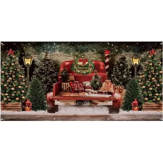 Weihnachtsbanner für Garagentor, 4,8 x 2,1 m, große Garagentorabdeckung, roter LKW, Weihnachtsbaum, Garagentordekoration, Polyester, hängender Hintergrund, Weihnachtsbanner für draußen, Feiertagswand,