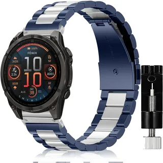 SeNool QuickFit 22mm Armband für Garmin Fenix E 47mm/Fenix 8 47mm/Fenix 7 Pro/Fenix 7 Pro Solar/Fenix 7/Fenix 6 GPS, Metall Ersatzarmband Uhrenarmband für Garmin Fenix 5/Fenix 5 Plus/Epix -Blau Silber