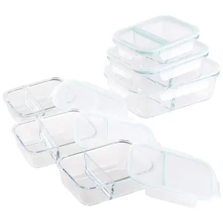 Rosenstein & Söhne Microwellen Geschirr: 6er-Set Glas-Frischhaltedosen, Klick-Deckel, 2 Kammern, -40 bis 450 °C (Glasschüssel-Set mit Deckel, Mikrowellenteller Glas mit)
