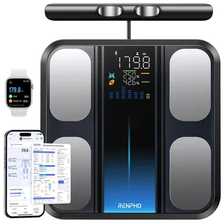 RENPHO Körperfettwaage mit Handsensoren, Personenwaage mit körperfett, Smart Waage mit App für Körperfett, Muskelmasse, BMI, Präzisionswaage bis 180kg/400 lbs, MorphoScan Base