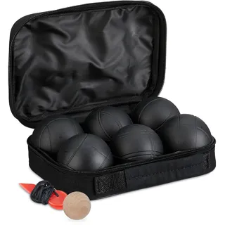 Relaxdays Boule, 6 Metall-Kugeln, Set mit Zielkugel & Abstandsmesser, Tragetasche, Boccia Spiel, Stahl, schwarz