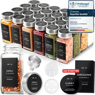 EDELHAUS Gewürzgläser Eckig Set mit Edelstahl Deckel (24 x 120ml) Gewürzstreuer mit Streueinsatz und 240 Etiketten Schwarz - Hochwertige Gewürzbehälter, Gewürzdosen, Gewürze organizer [10,7cm x 4,5cm]