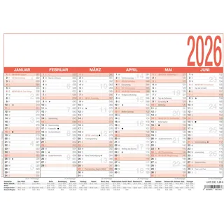 Zettler Arbeitstagekalender 2026 - A4 (29,7 x 21 cm) - 6 Monate auf 1 Seite - Tafelkalender - Plakatkalender - Jahresplaner - 907-0000