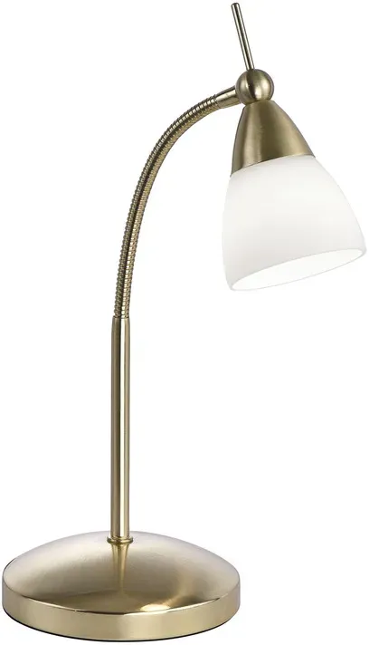LED-Tischleuchte, messing-matt, Flexarm, blendfrei, Opalglas, Touchdimmer