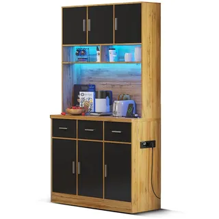 Merax Küchenbuffet Küchenbuffet mit LED-Beleuchtung und Steckdosen (3 Schubladen und 6 Türen, 100x40x180cm) Multifunktionales Hochschrank Buffet mit verstellbare Ablagen schwarz