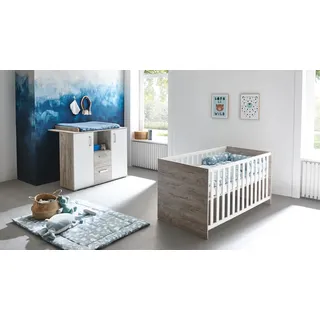 Arthur Berndt Babymöbel-Set ARTHUR BERNDT "Bente", Baby, Gr. Kinderbett & Wickelkommode Flachgitter, B/H: 70cm x 140cm, weiß (weiß, eiche sand nb), Holzwerkstoff, Massivholz, Schlafzimmermöbel-Sets, mit Kinderbett und Wickelkommode; Made in Germany