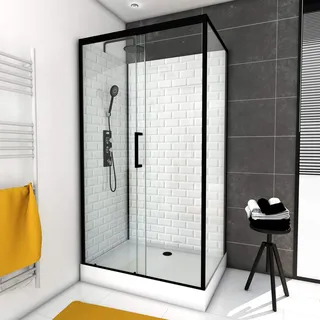 Marwell Komplettdusche White Stone 80 x 110 x 230 - Dusche im komplett Set inkl. Duschwanne und Armatur - Rückwand aus super weißem Glas