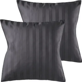 Pure Label 2er Set Mako Satin Damast Streifen Kissenbezüge 40x40 cm aus 100% Baumwolle in dunkelgrau| Traumhaft weiche Deko Kissen passend zu unseren Bettwäsche Sets