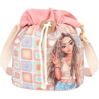 Depesche 12416 TOPModel Hippie Heart - Beuteltasche mit buntem Muster und Model-Motiv, Tasche mit verstellbarem Tragegurt und Schnürr-Verschluss, Mehrfarbig