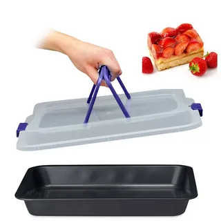 Relaxdays Backblech mit Deckel, 3 in 1 Kuchen Transportbox, bt 40,5 x 32,5 cm, Backform, Transporthaube, schwarz/blau
