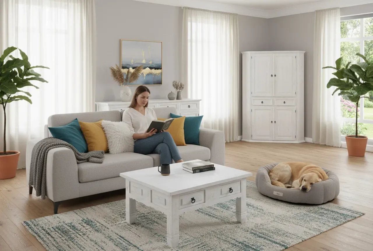 Quadratischer Wohnzimmertisch Sofatisch - Pinie Massivholz Weiß lackiert - Landhaus