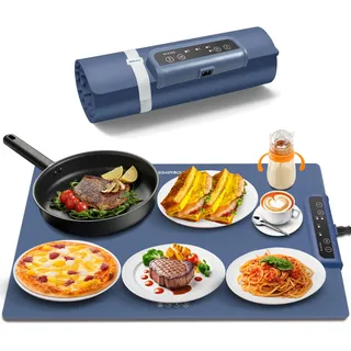 INNOWARMER Warmhalteplatte Elektrisch,Speisenwärmer Ganzflächige Erwärmung,Faltbare Silikon Warmhalteplatte 3 Einstellbarer Temperatur & Timer,Buffetwärmer Elektrisch für Buffet Familie (Blau)